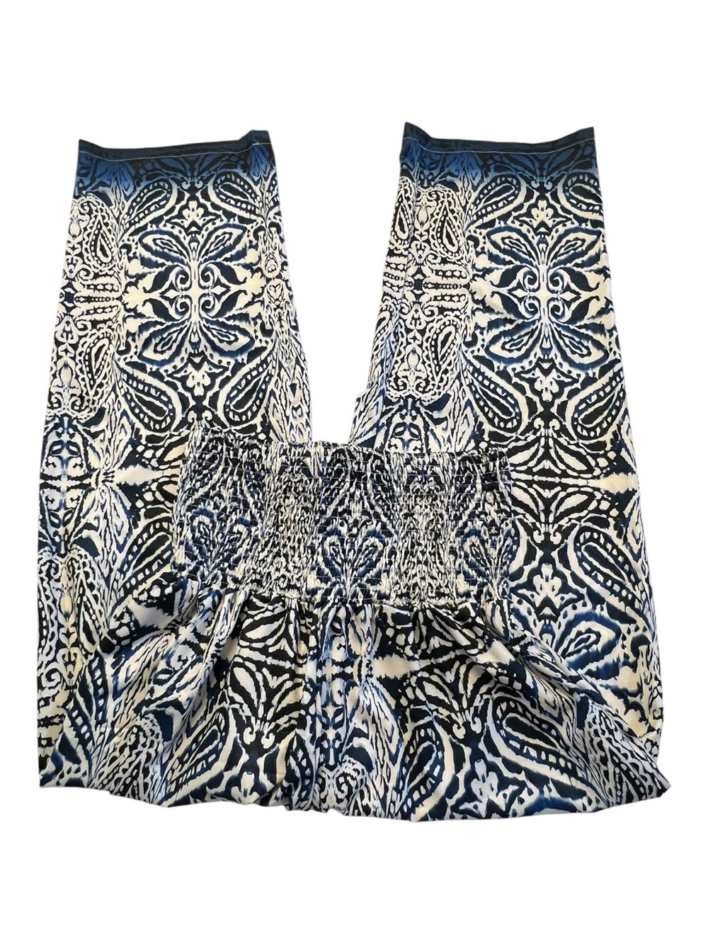 NWOT blue and white geometric print straight leg, smocked waist pants | size M - Picture 5 of 8